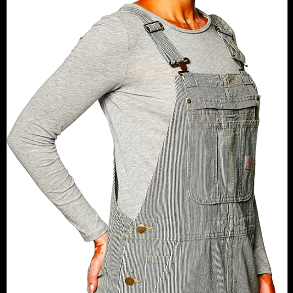 Carhartt RUGGED FLEX® RELAXED FIT DENIM RAILROAD STRIPE BIB OVERALLS - Picture 6 of 14